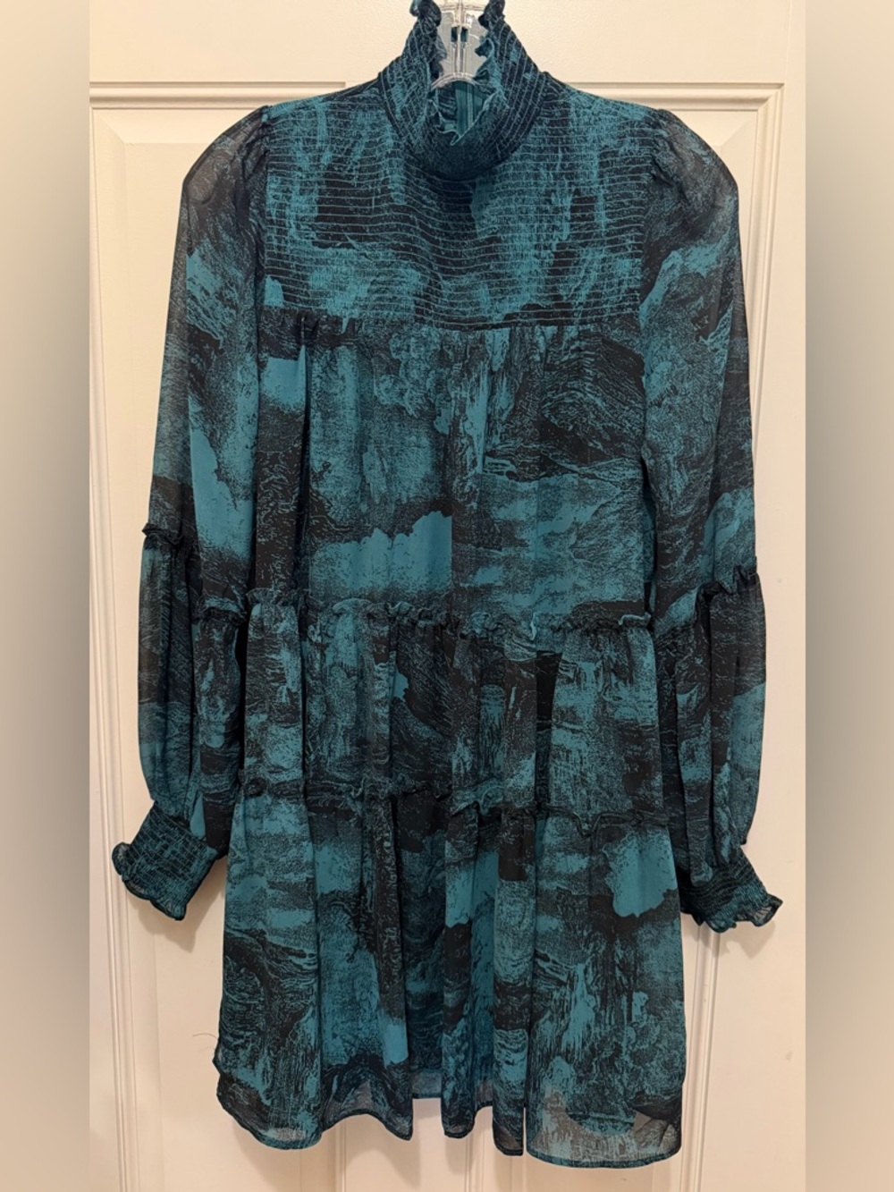 Elan Teal and Black Abstract Tiered Tunic Dress